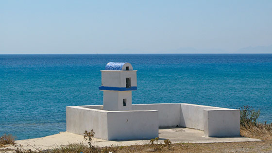 Tiny chapel on the shoreline, half way between the Mitsis Blue Domes and Kardamena 
 near the church of Aghia Varvara